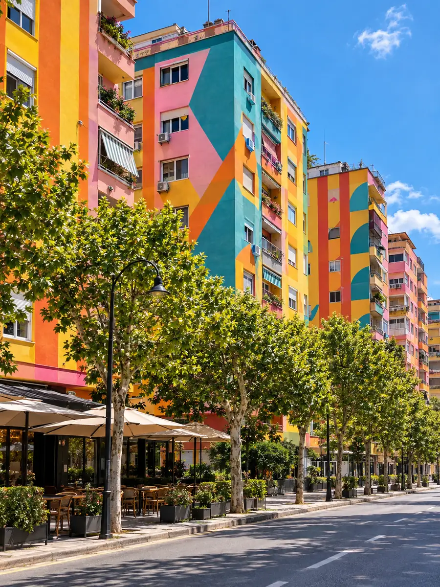 Tall apartment blocks in central Tirana painted in bold stripes of orange, yellow, pink and teal behind plane trees