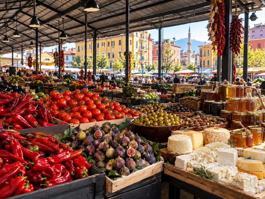 Stalls of peppers, figs, olives, cheese and honey at the New Bazaar in Tirana