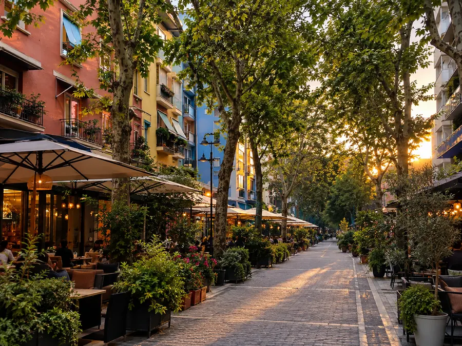 Café terraces under plane trees in the Blloku district of Tirana