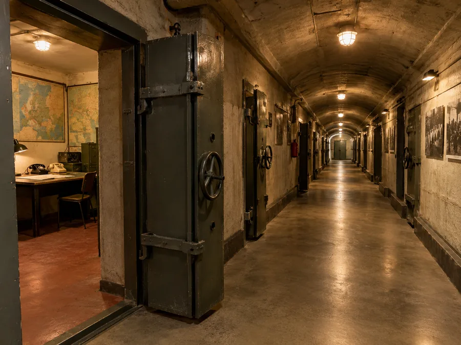 A long concrete corridor with steel blast doors inside a Cold War bunker museum