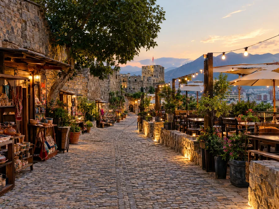 The restored lane of shops and terraces inside the old walls of Tirana Castle